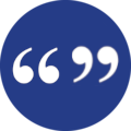 Site logo, white double quotation marks in a blue circle